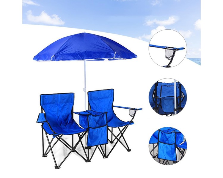 Double camping folding chair with umbrella
